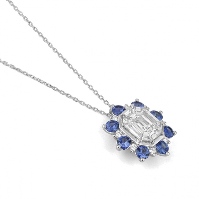 Colgante Rosetón de oro blanco de 18 Kt con piedra de color y diamantes de 1,24 ct
