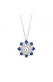 Colgante Rosetón de oro blanco de 18 Kt con zafiro azul de 0,90 ct y diamantes de 1,28 ct