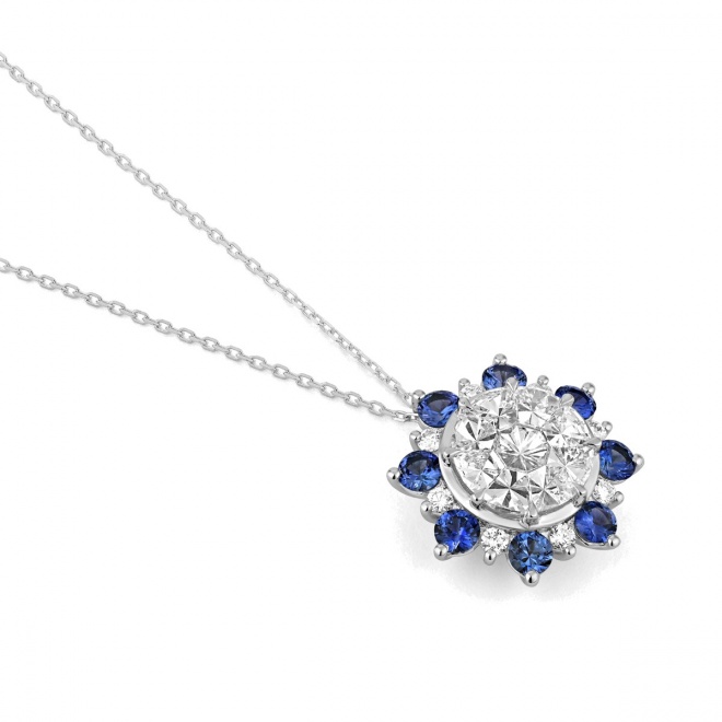 Colgante Rosetón de oro blanco de 18 Kt con zafiro azul de 0,90 ct y diamantes de 1,28 ct
