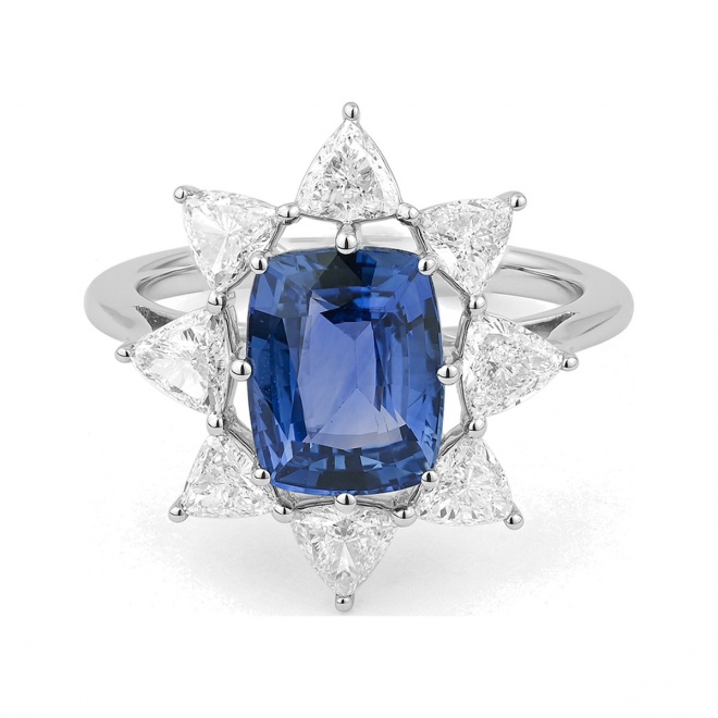 Anillo de oro blanco de 18 Kt con zafiro azul y diamantes de 1,25 ct