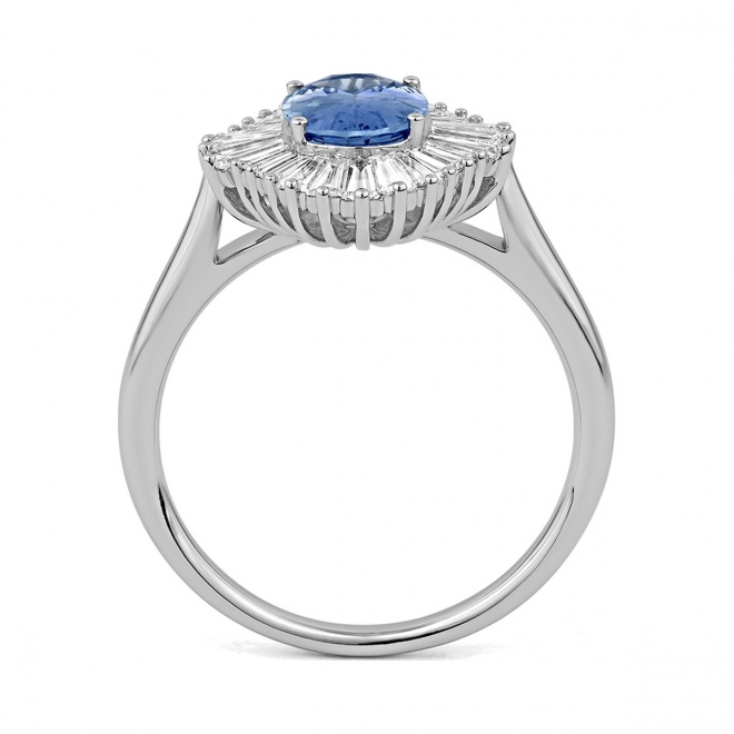 Anillo Bailarina de oro blanco de 18 Kt con zafiro azul de 1,75 ct y diamantes de 0,75 ct
