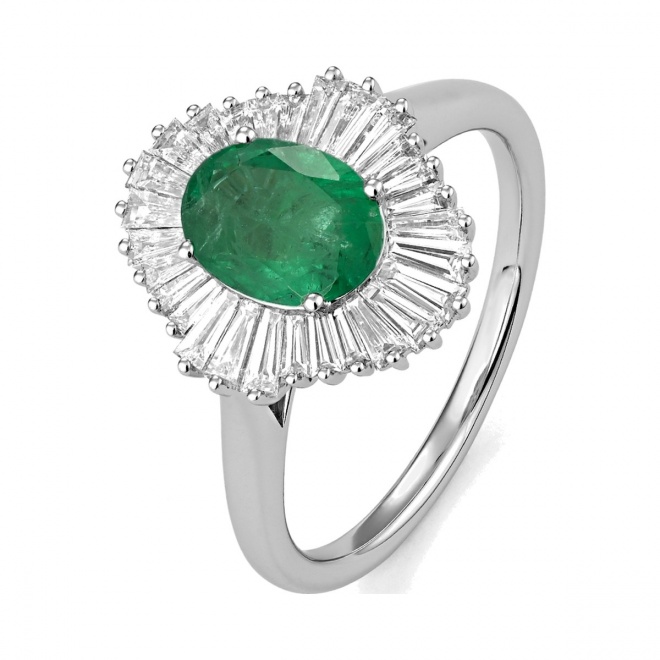 Anillo Bailarina de oro blanco de 18 Kt con esmeralda de 1,35 ct y diamantes de 0,70 ct