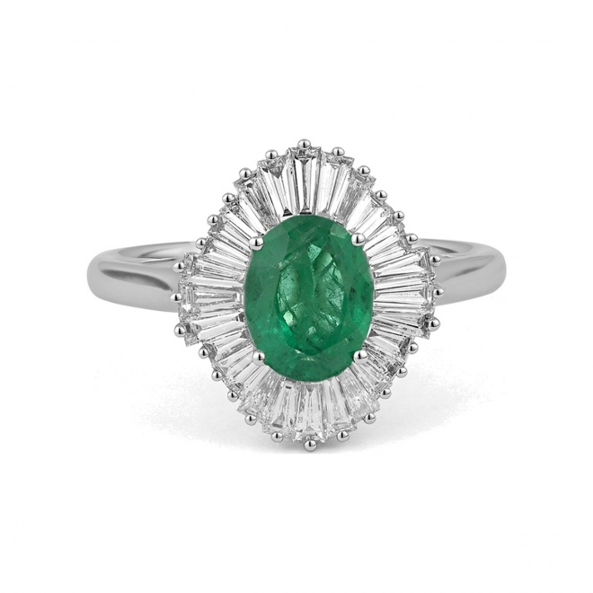 Anillo Bailarina de oro blanco de 18 Kt con esmeralda de 1,35 ct y diamantes de 0,70 ct