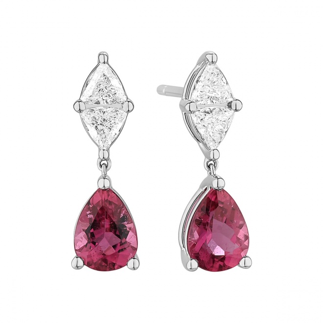 Pendientes Largos de oro blanco de 18 Kt con rubelita de 2,60 ct y diamantes de 0,65 ct