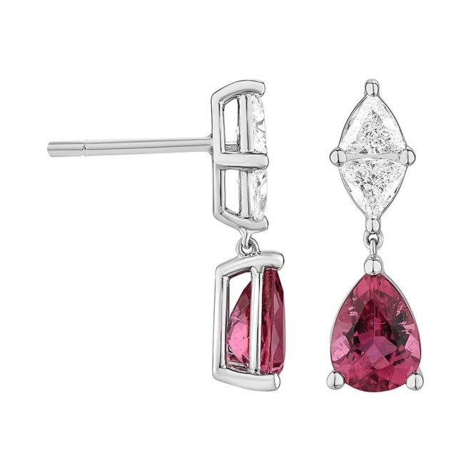 Pendientes Largos de oro blanco de 18 Kt con rubelita de 2,60 ct y diamantes de 0,65 ct