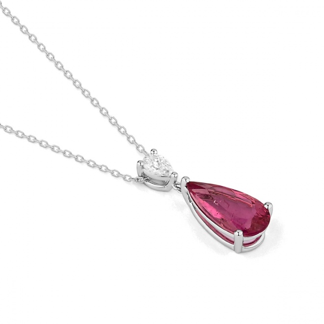 Colgante Largo de oro blanco de 18 Kt con rubelita de 1,80 ct y diamante de 0,21 ct