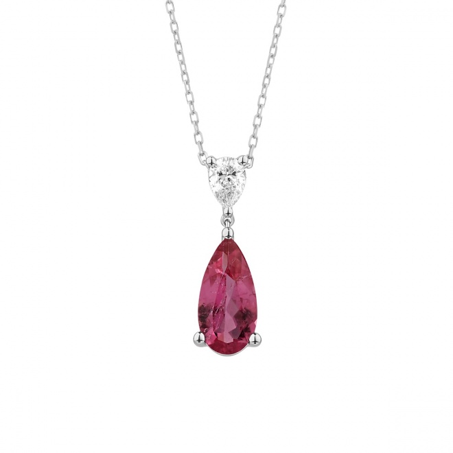 Colgante Largo de oro blanco de 18 Kt con rubelita de 1,10 ct y diamante de 0,21 ct