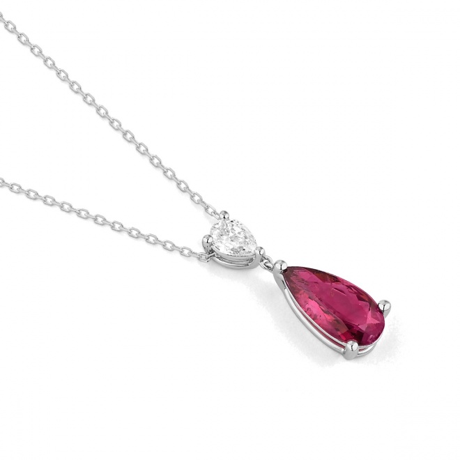 Colgante Largo de oro blanco de 18 Kt con rubelita de 1,10 ct y diamante de 0,21 ct