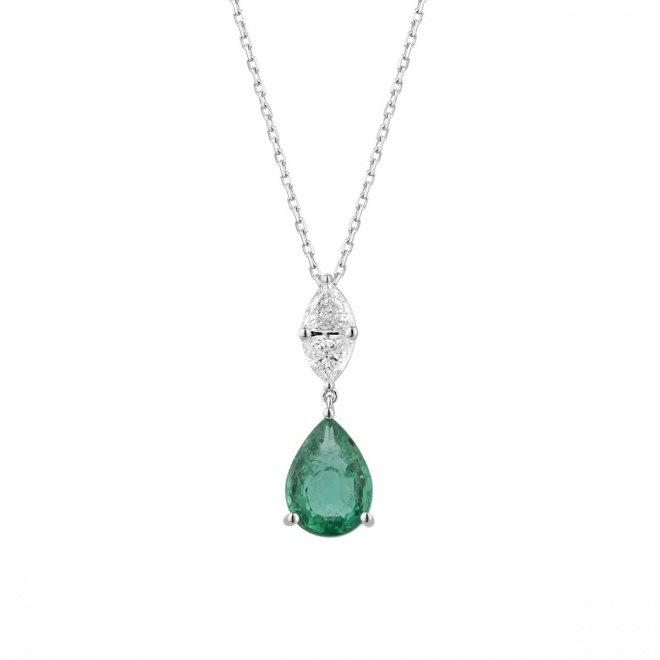 Colgante Largo de oro blanco de 18 Kt con esmeralda de 1,30 ct y diamantes de 0,33 ct