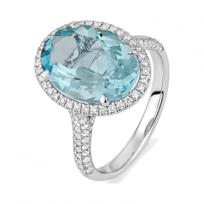 Anillo de oro blanco de 18 Kt con aguamarina de 4,55 ct y diamantes de 0,69 ct