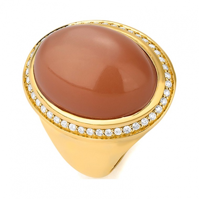 Anillo de oro de 18 Kt con piedra luna de 1,50 ct y diamantes de 0,30 ct