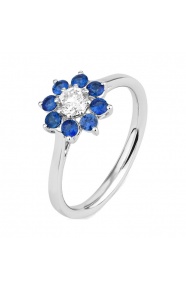 Anillo de oro blanco de 18 Kt con zafiro azul de 0,34 ct y diamante de 0,27 ct