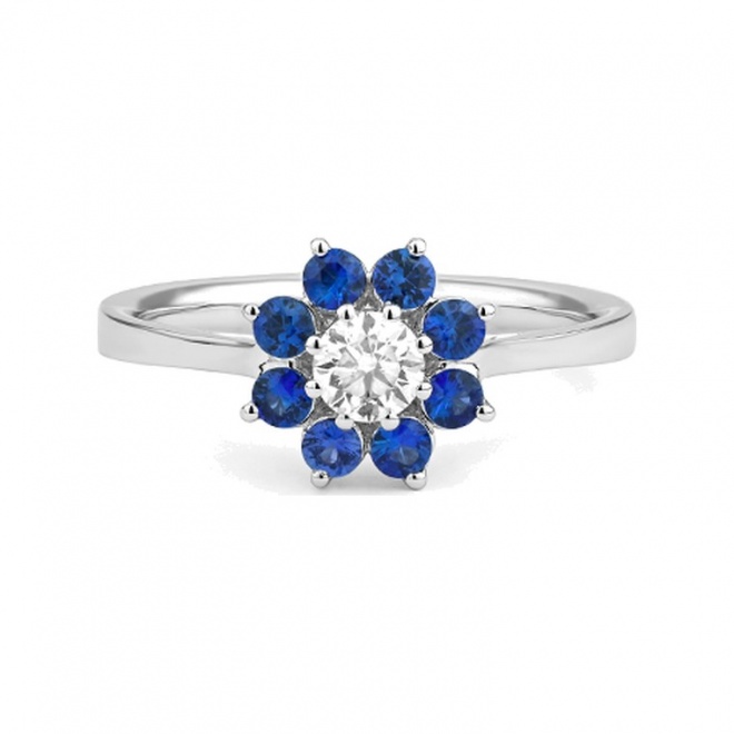 Anillo de oro blanco de 18 Kt con zafiro azul de 0,34 ct y diamante de 0,27 ct