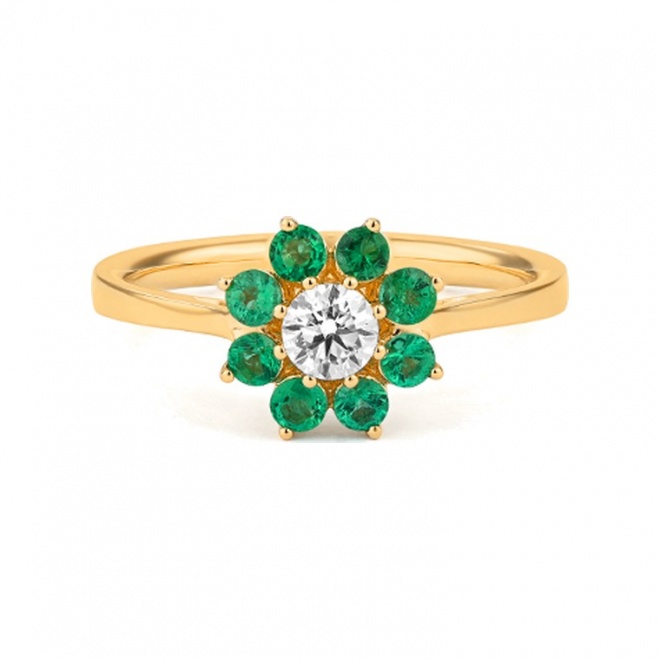 Anillo de oro amarillo de 18 Kt con esmeralda de 0,35 ct y diamante de 0,27 ct