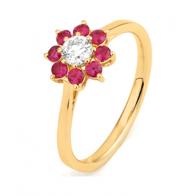 Anillo de oro amarillo de 18 Kt con rubí de 0,42 ct y diamante de 0,25 ct