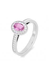 Anillo de oro blanco de 18 Kt con zafiro rosa y diamantes