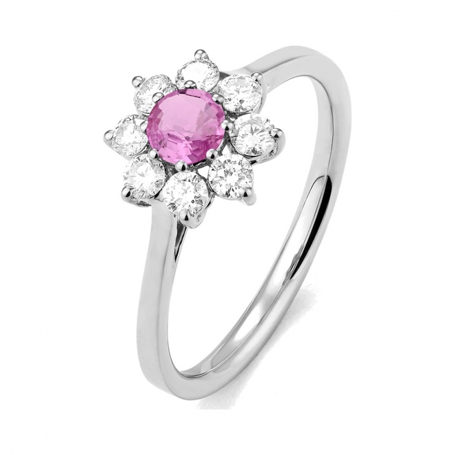 Anillo de oro blanco de 18 Kt con zafiro rosa de 0,35 ct y diamantes de 0,42 ct