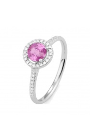 Anillo de oro blanco de 18 Kt con zafiro rosa de 0,63 ct y diamantes de 0,11 ct