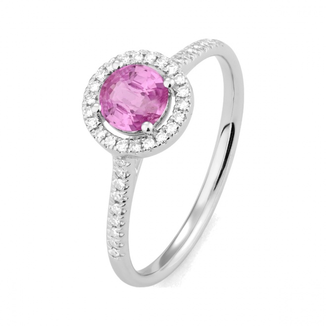 Anillo de oro blanco de 18 Kt con zafiro rosa de 0,63 ct y diamantes de 0,11 ct