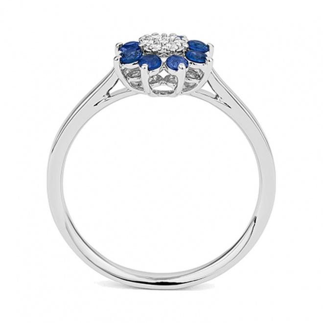 Anillo de oro blanco de 18 Kt con zafiro azul de 0,42 ct y diamantes de 0,06 ct