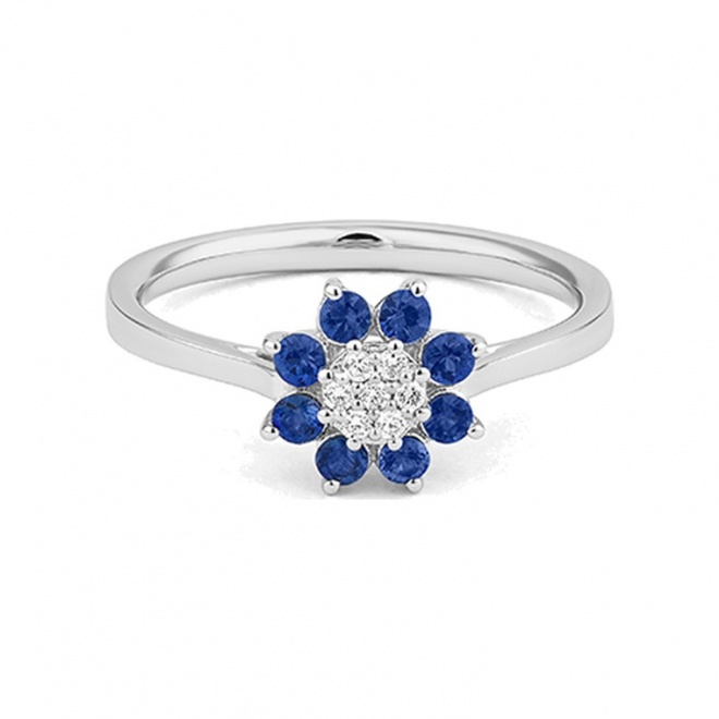 Anillo de oro blanco de 18 Kt con zafiro azul de 0,42 ct y diamantes de 0,06 ct