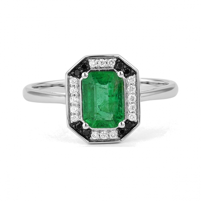 Anillo de oro blanco de 18 Kt con esmeralda de 0,95 ct y diamantes de 0,14 ct