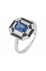 Anillo de oro blanco de 18 Kt con zafiro azul de 1,05 ct y diamantes de 0,33 ct