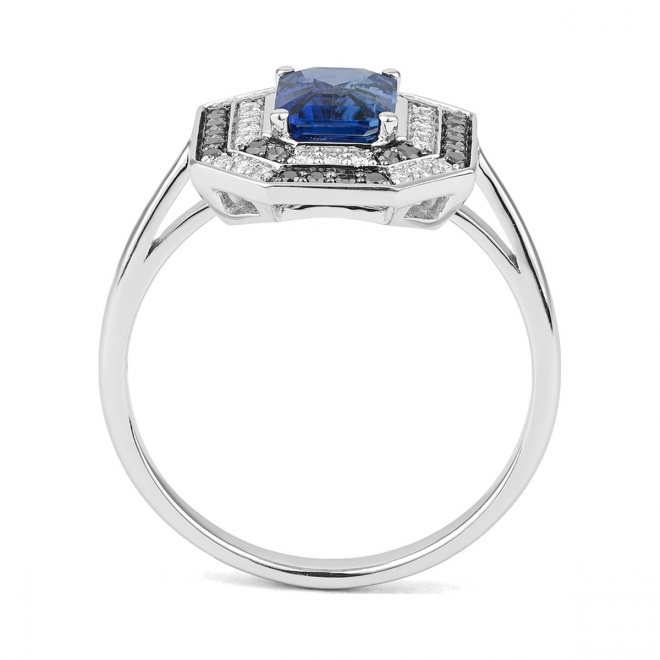 Anillo de oro blanco de 18 Kt con zafiro azul de 1,05 ct y diamantes de 0,33 ct