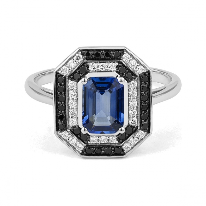 Anillo de oro blanco de 18 Kt con zafiro azul de 1,05 ct y diamantes de 0,33 ct