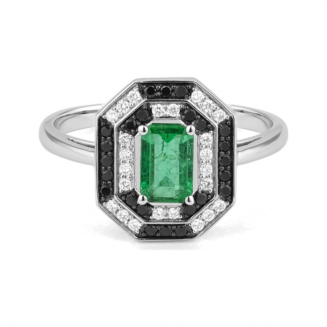 Anillo de oro blanco de 18 Kt con esmeralda de 0,55 ct y diamantes de 0,28 ct
