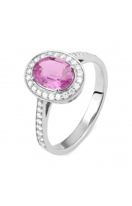 Anillo Rosetón de oro blanco de 18 Kt con zafiro rosa de 1,60 ct y diamantes de 0,29 ct