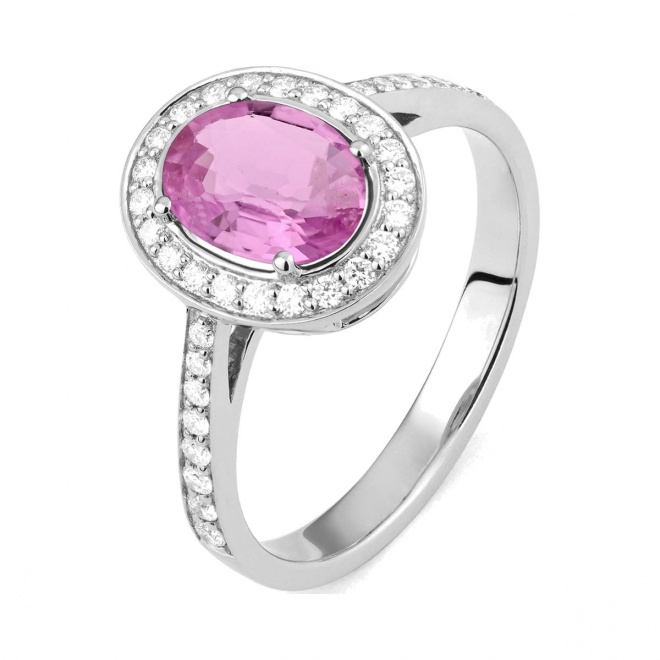 Anillo Rosetón de oro blanco de 18 Kt con zafiro rosa de 1,60 ct y diamantes de 0,29 ct