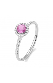 Anillo Rosetón de oro blanco de 18 Kt con zafiro rosa de 0,35 ct y diamantes de 0,09 ct