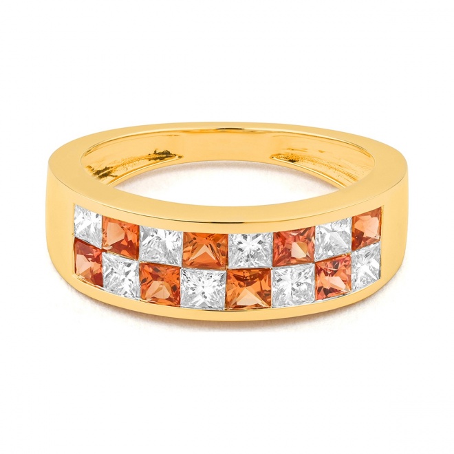 Anillo Media alianza de oro amarillo de 18 Kt con zafiro de 1,00 ct y diamantes de 0,75 ct