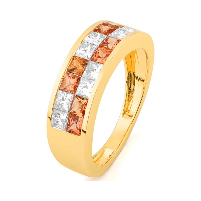 Anillo Media alianza de oro amarillo de 18 Kt con zafiro de 1,00 ct y diamantes de 0,75 ct