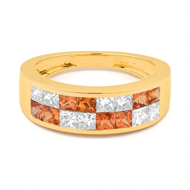 Anillo Media alianza de oro amarillo de 18 Kt con zafiro de 1,00 ct y diamantes de 0,75 ct
