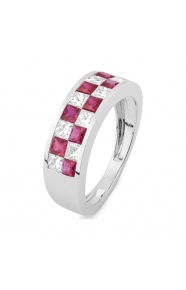 Anillo Media alianza de oro blanco de 18 Kt con piedra de color y diamantes de 0,75 ct