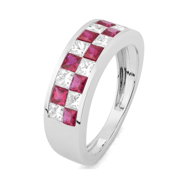 Anillo Media alianza de oro blanco de 18 Kt con piedra de color y diamantes de 0,75 ct