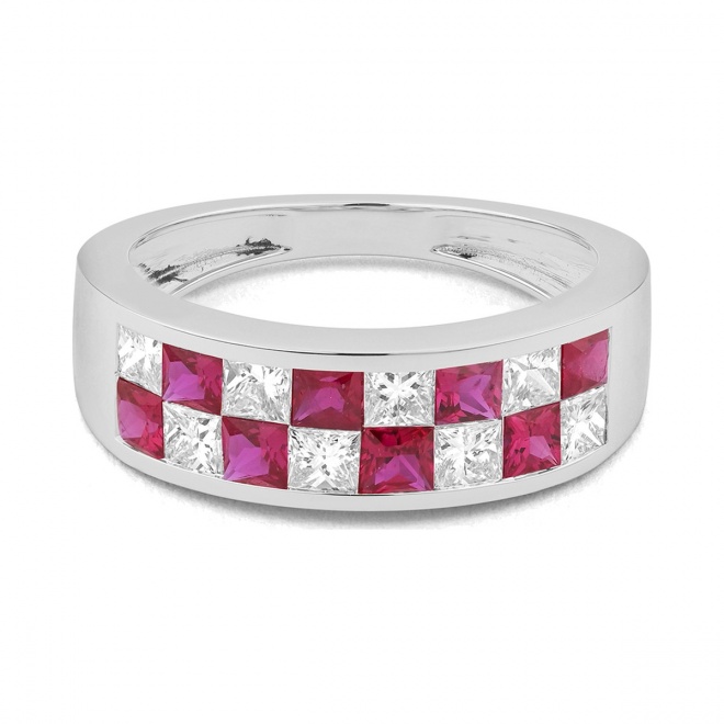 Anillo Media alianza de oro blanco de 18 Kt con piedra de color y diamantes de 0,75 ct