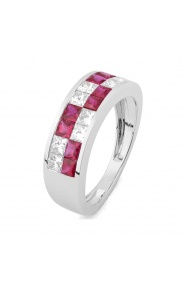 Anillo Media alianza de oro blanco de 18 Kt con piedra de color y diamantes de 0,75 ct