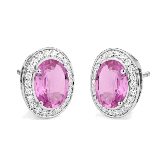 Pendientes de oro blanco de 18 Kt con zafiro rosa y diamantes