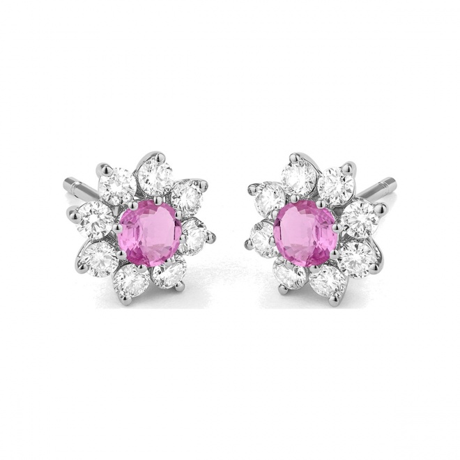 Pendientes de oro blanco de 18 Kt con zafiro rosa de 0,70 ct y diamantes de 0,84 ct