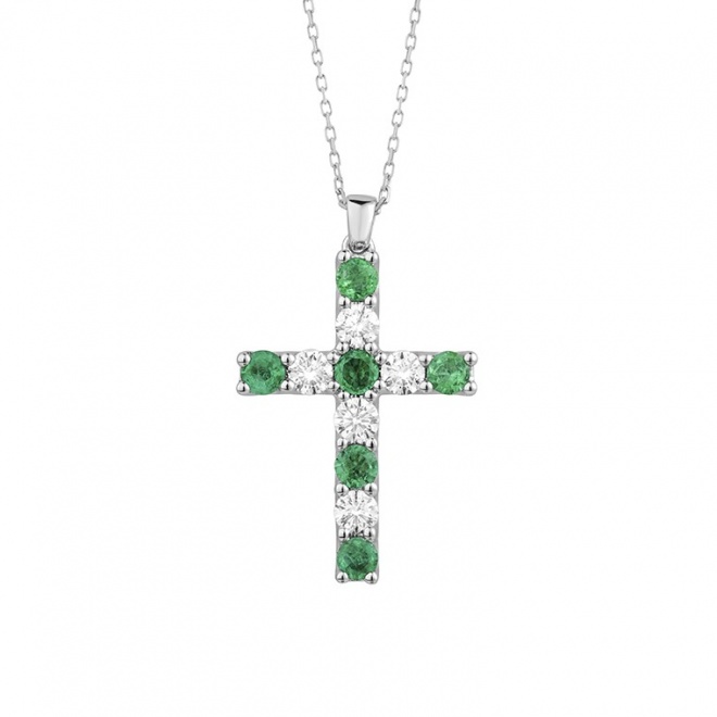 Colgante Cruz de oro blanco de 18 Kt con piedra de color y diamantes de 0,47 ct