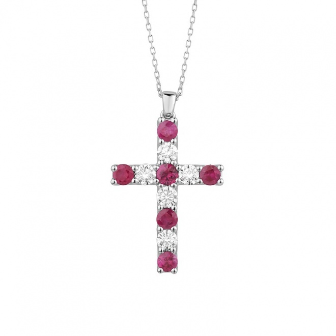 Colgante Cruz de oro blanco de 18 Kt con piedra de color y diamantes de 0,47 ct