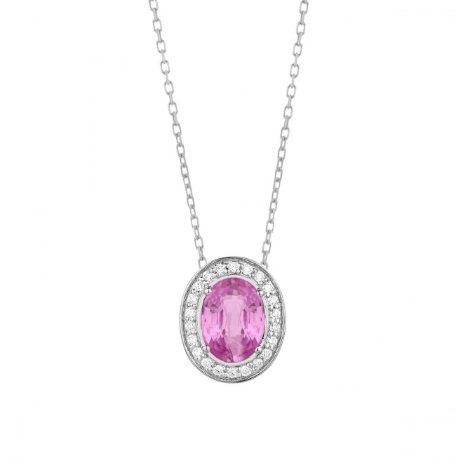 Colgante de oro blanco de 18 Kt con zafiro rosa y diamantes