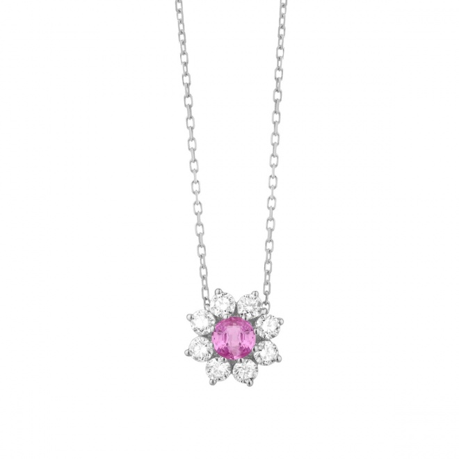Colgante de oro blanco de 18 Kt con zafiro rosa de 0,35 ct y diamantes de 0,42 ct