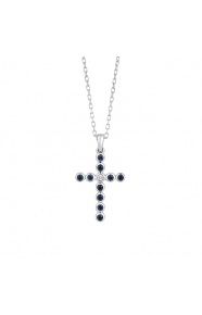 Colgante Cruz de oro blanco de 18 Kt con zafiro de 0,15 ct y diamante de 0,01 ct