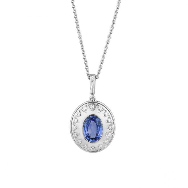 Colgante de oro blanco de 18 Kt con zafiro azul de 0,95 ct y diamantes de 0,09 ct