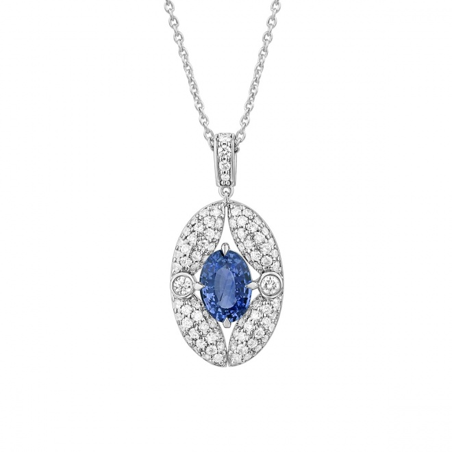 Colgante de oro blanco de 18 Kt con zafiro azul de 0,95 ct y diamantes de 0,50 ct