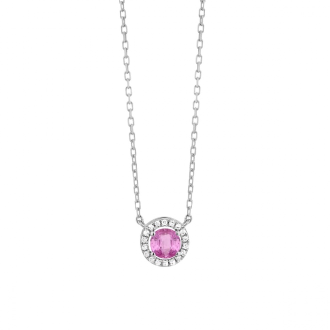 Colgante Rosetón de oro blanco de 18 Kt con zafiro rosa de 0,35 ct y diamantes de 0,05 ct